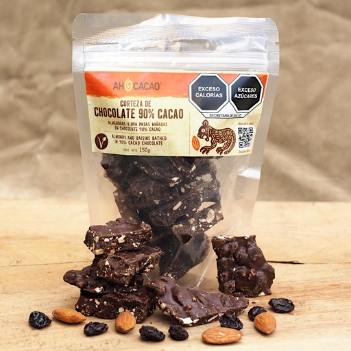 [7503028329083] Corteza de Chocolate 90% cacao, almendra y pasas, bolsa 150g